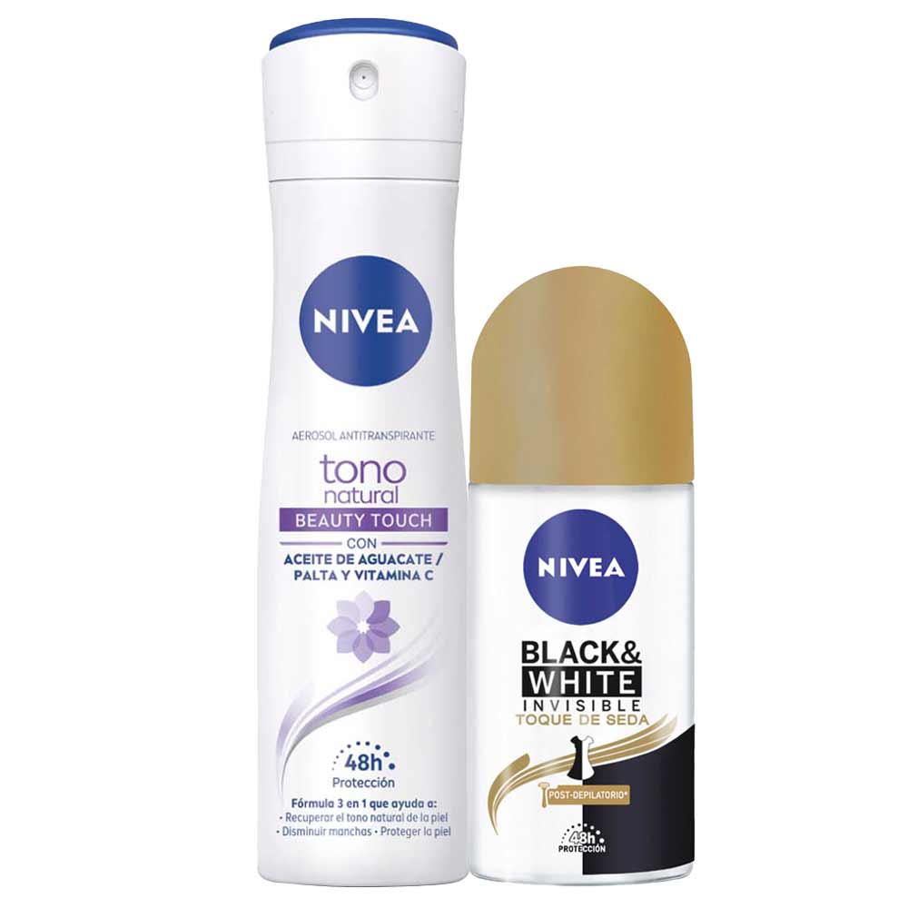 Pack Desodorante Roll On NIVEA Invisible B&W Toque de Seda 50ml + Desodorante Spray NIVEA Tono Natural Beauty Touch 150ml
