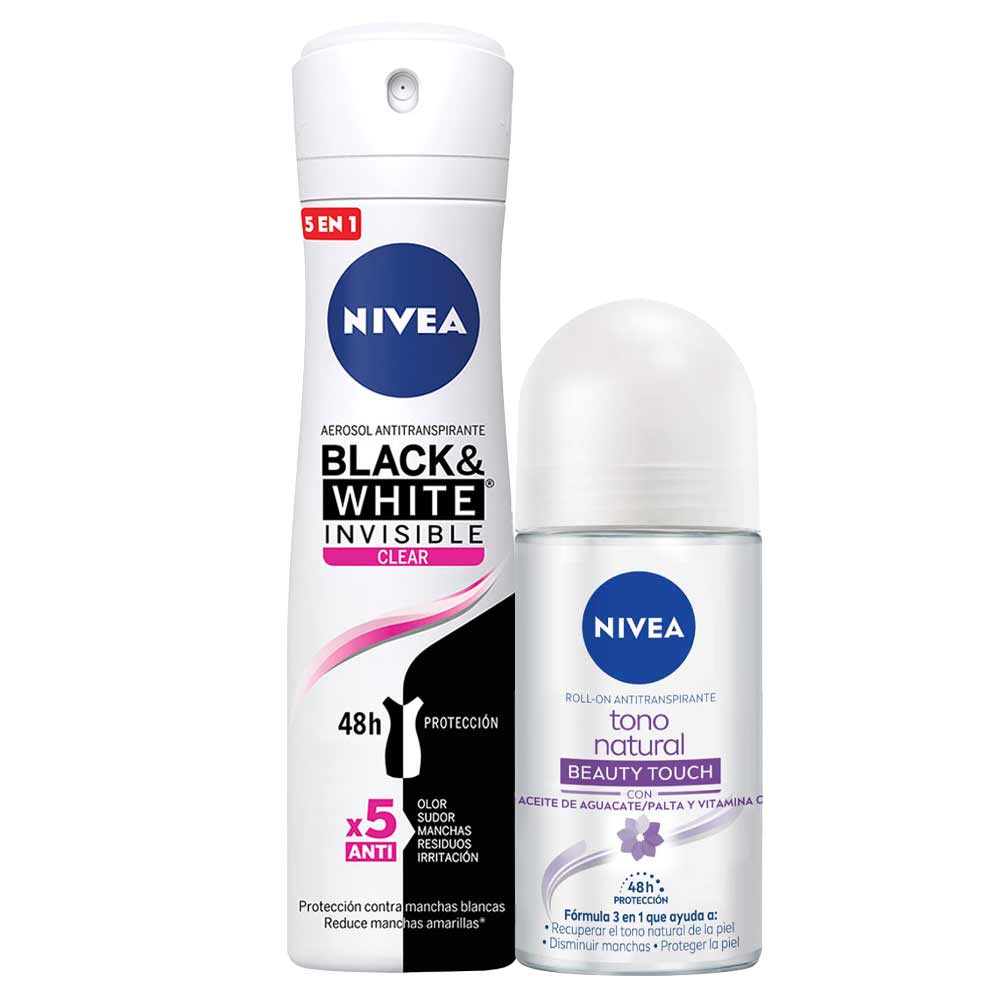 Pack Desodorante Spray NIVEA Invisible B&W Clear - Frasco 150ml + Desodorante Roll On NIVEA Tono Natural Beauty Touch - Frasco 50ml