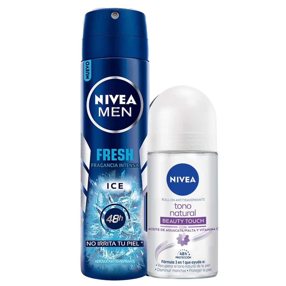 Pack Desodorante Spray NIVEA Fresh Ice Male - Frasco 150ml + Desodorante Roll On NIVEA Tono Natural Beauty Touch - Frasco 50ml