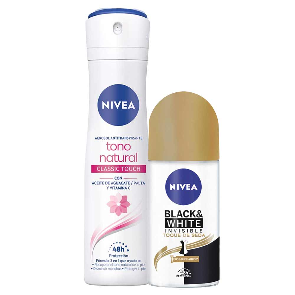Pack Desodorante Spray NIVEA Tono Natural Classic Touch 150ml + Desodorante Roll On NIVEA Invisible B&W Toque de Seda 50ml