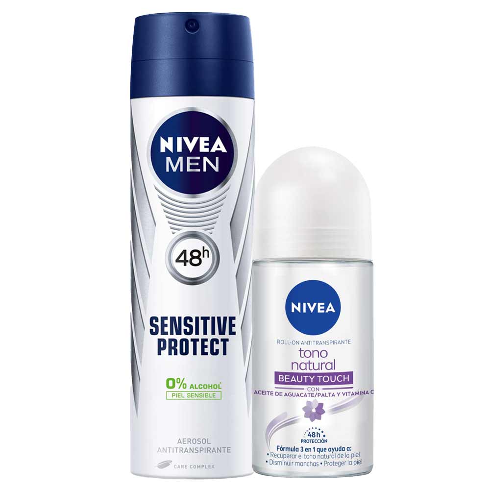 Pack Desodorante Roll On NIVEA Tono Natural Beauty Touch - Frasco 50ml + Desodorante Spray NIVEA Sensitive Protect - Frasco 150ml
