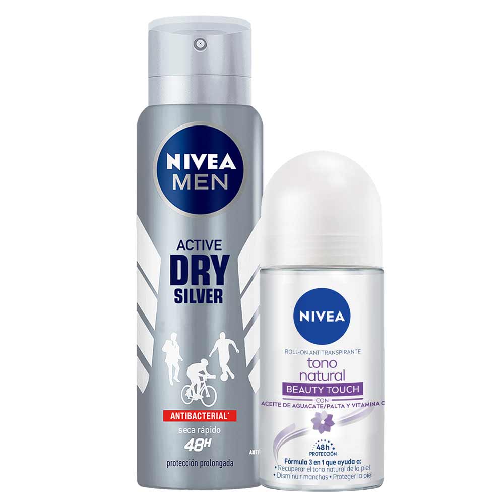 Pack Desodorante Spray NIVEA Silver Protect Male - Frasco 150ml + Desodorante Roll On NIVEA Tono Natural Beauty Touch - Frasco 50ml