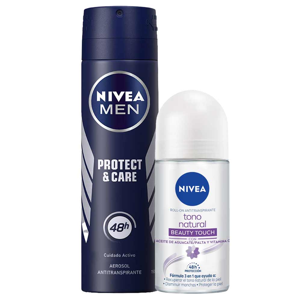 Pack Desodorante Spray NIVEA Protect & Care Male - Frasco 150ml + Desodorante Roll On NIVEA Tono Natural Beauty Touch - Frasco 50ml