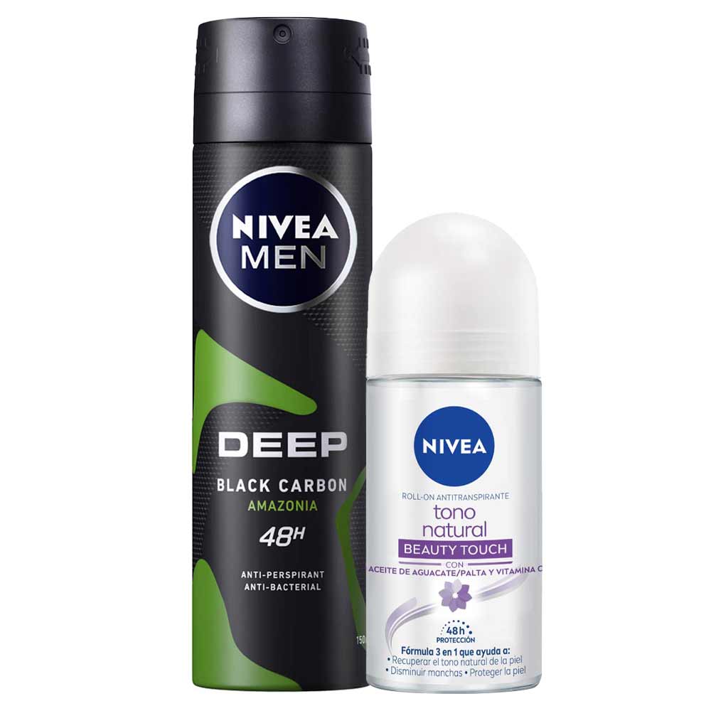 Pack Desodorante Roll On NIVEA Tono Natural Beauty Touch - Frasco 50ml + Desodorante Spray NIVEA Deep Amazonia Male - Frasco 150ml