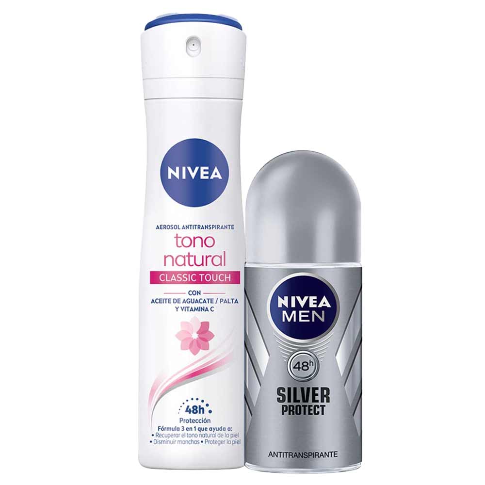 Pack Desodorante Spray NIVEA Tono Natural Classic Touch - Frasco 150ml + Desodorante Roll On NIVEA Silver Protect Male - Frasco 50ml
