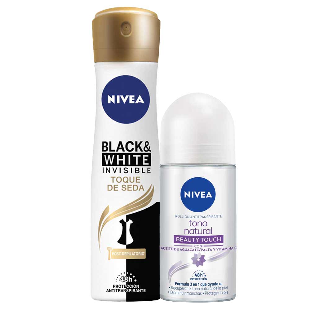 Pack Desodorante Spray NIVEA Invisible B&W Toque de Seda 150ml + Desodorante Roll On NIVEA Tono Natural Beauty Touch 50ml