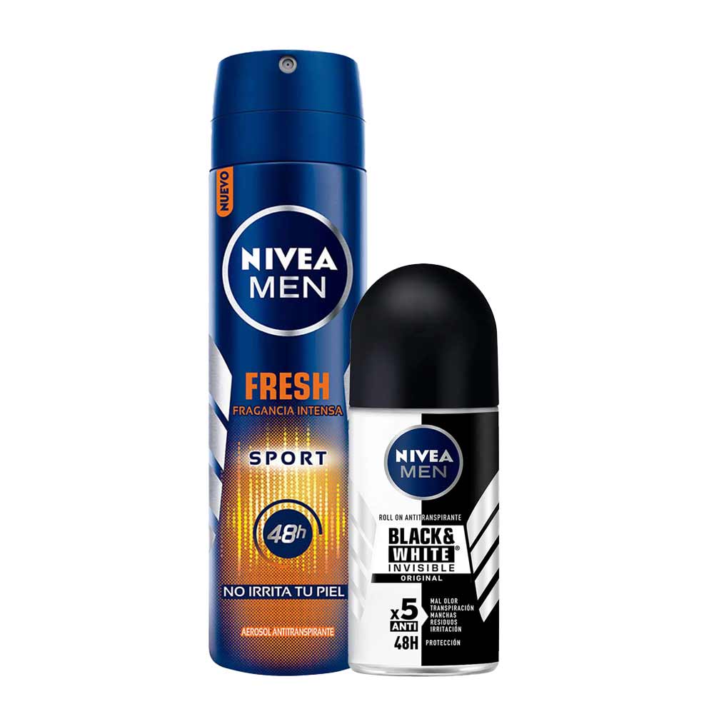 Pack Desodorante Spray NIVEA Fresh Sport Male - Frasco 150ml + Desodorante Roll On NIVEA Invisible B&W Male - Frasco 50ml