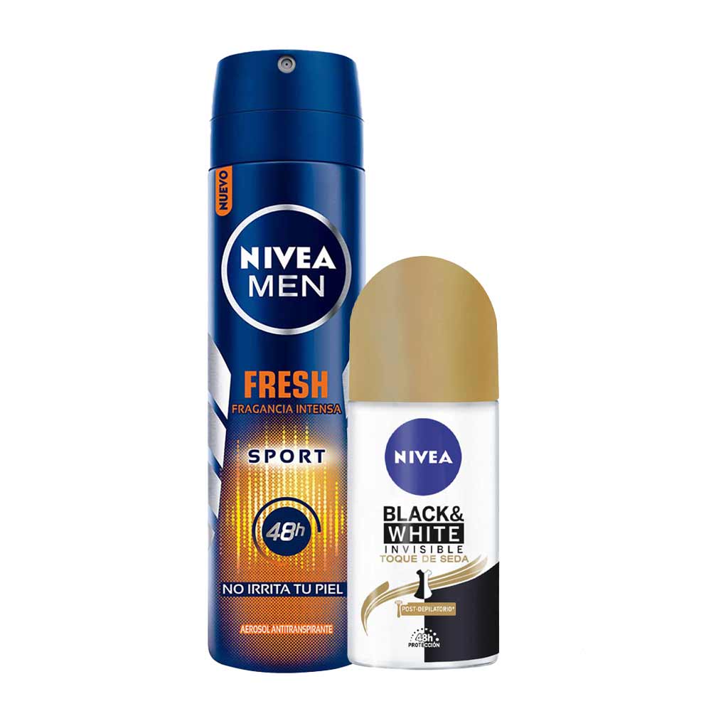 Pack Desodorante Spray NIVEA Fresh Sport Male - Frasco 150ml + Desodorante Roll On NIVEA Invisible B&W Toque de Seda - Frasco 50ml