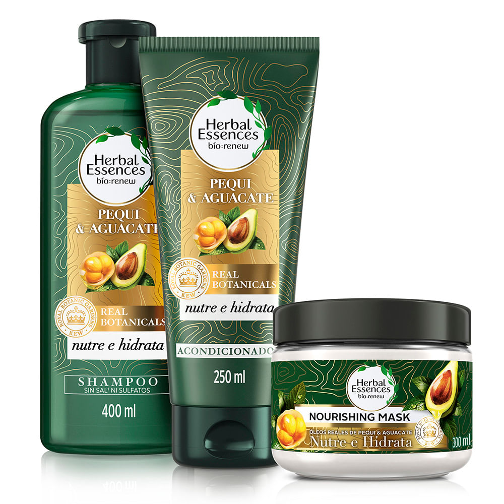 Pack Herbal Essences Bio:Renew Pequi & Aguacate Nutre e Hidrata Shampoo 400ml + Acondicionador 250ml + Nourishing Mask 300ml