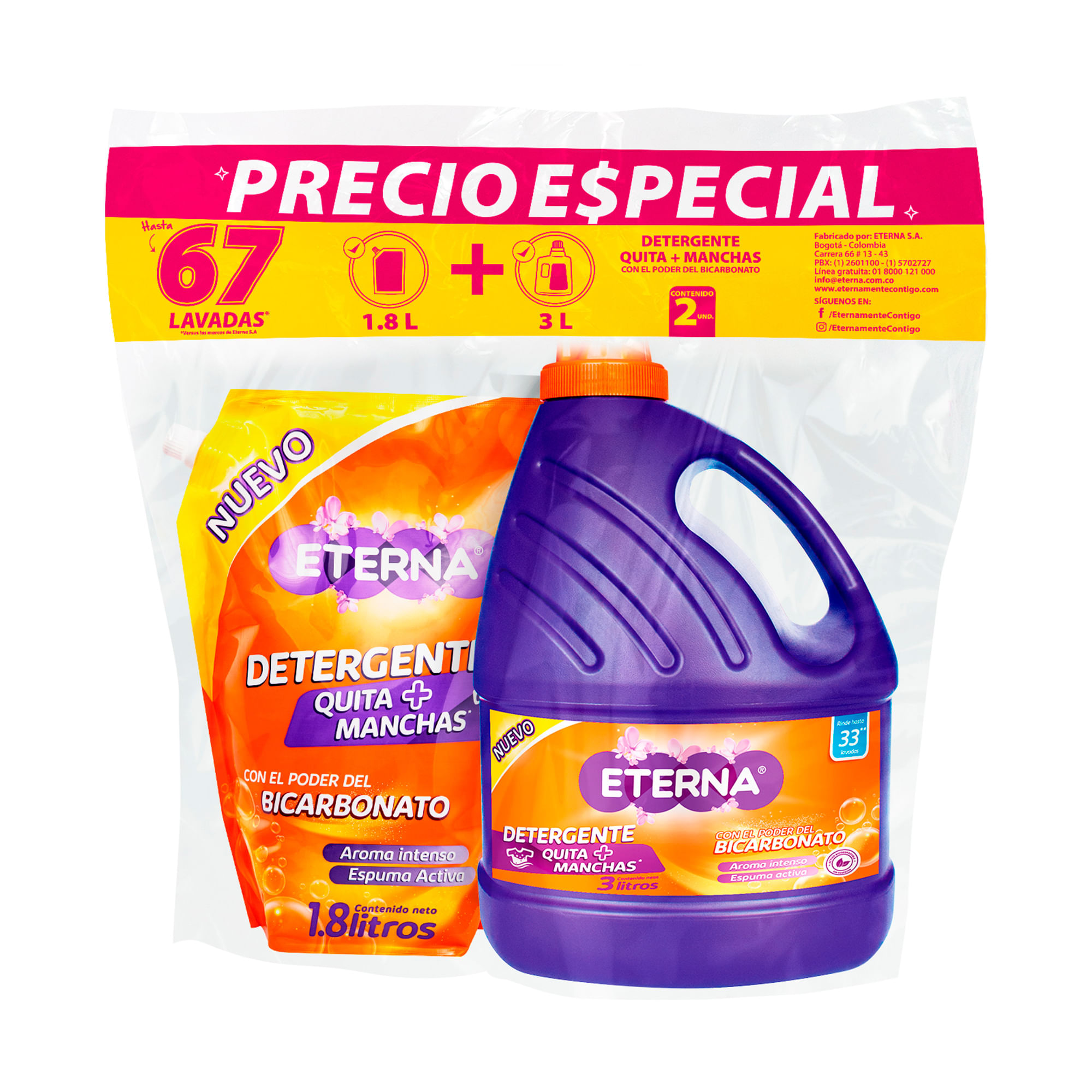 Pack Detergente Quita + Manchas ETERNA BIO Botella 3L + Doypack 1.8L