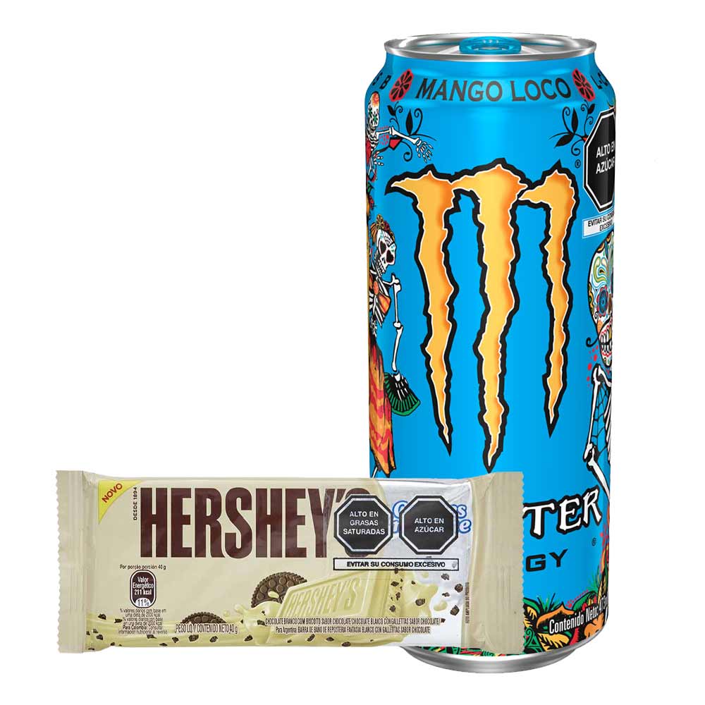 Pack Bebida Energizante MONSTER Energy Mango Loco Lata 473ml + Chocolate HERSHEY'S Cookies and Creme Bolsa 40g