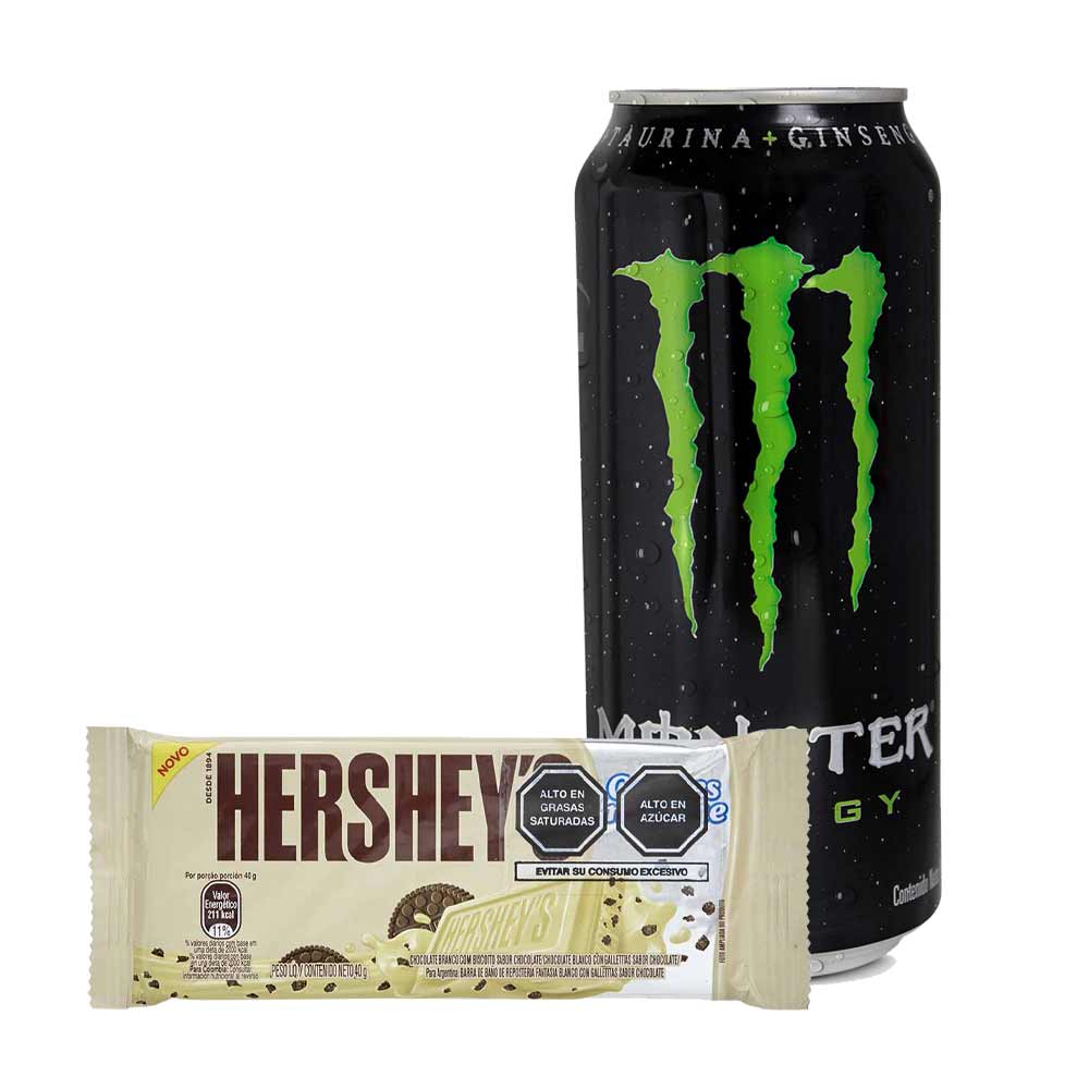 Pack Bebida Energizante MONSTER Energy Lata 473ml + Chocolate HERSHEY'S Cookies and Creme Bolsa 40g