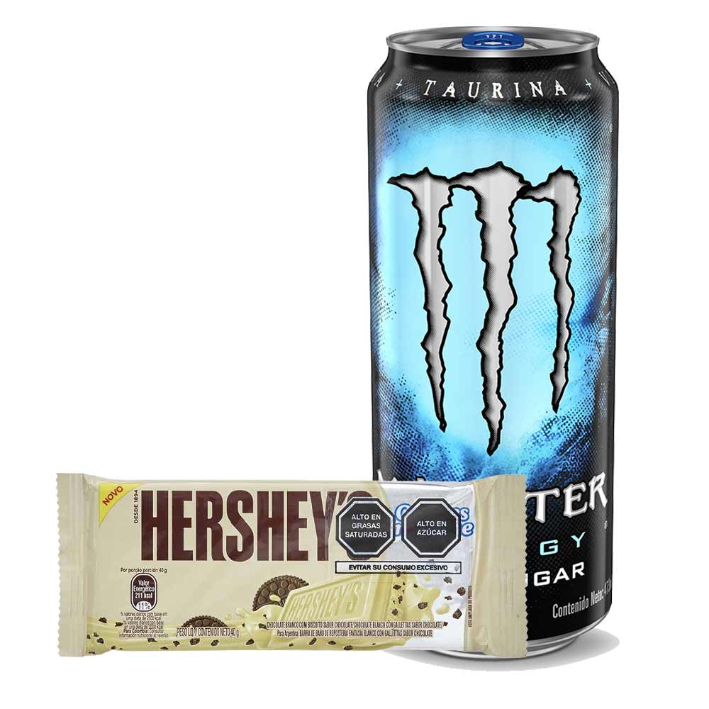 Pack Bebida Energizante MONSTER Zero Sugar Lata 473ml + Chocolate HERSHEY'S Cookies and Creme Bolsa 40g