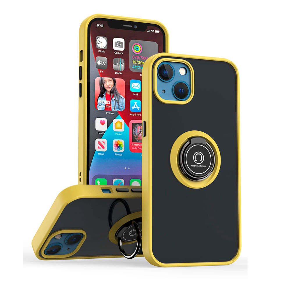 Funda de iPhone 13 Pro Ahumado +  Anillo Amarillo Antishock Resistente ante Caídas y Golpes