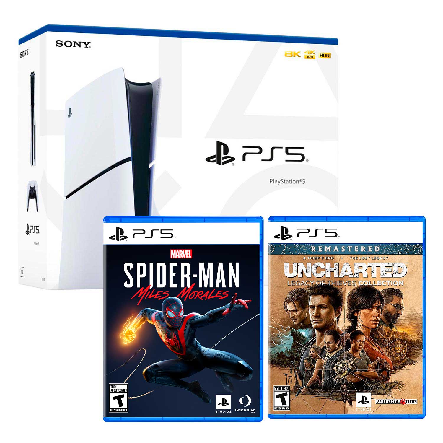 Consola PS5 Slim con lector de discos + SpiderMan Miles Morales + Uncharted Legacy of Thieves