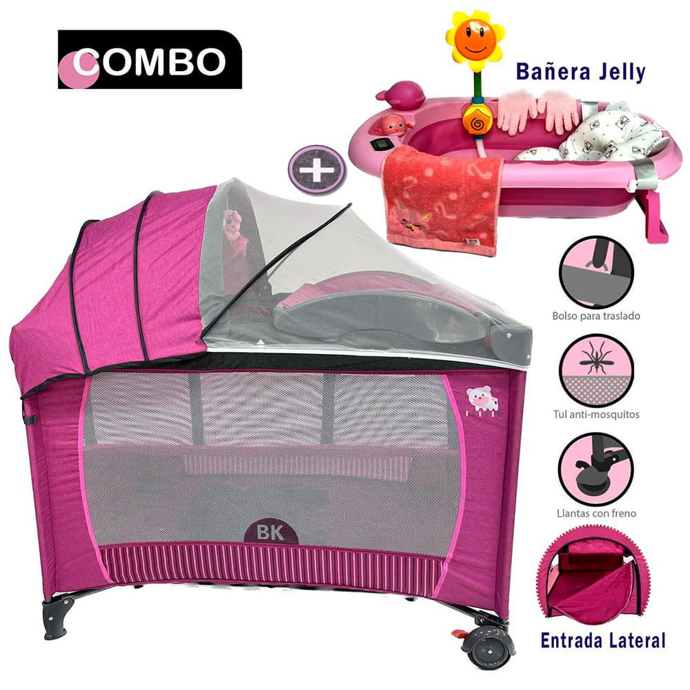 COMBO Cuna Corral para Bebé Baby Kits 5070 Roma Rosado + Bañera Jelly