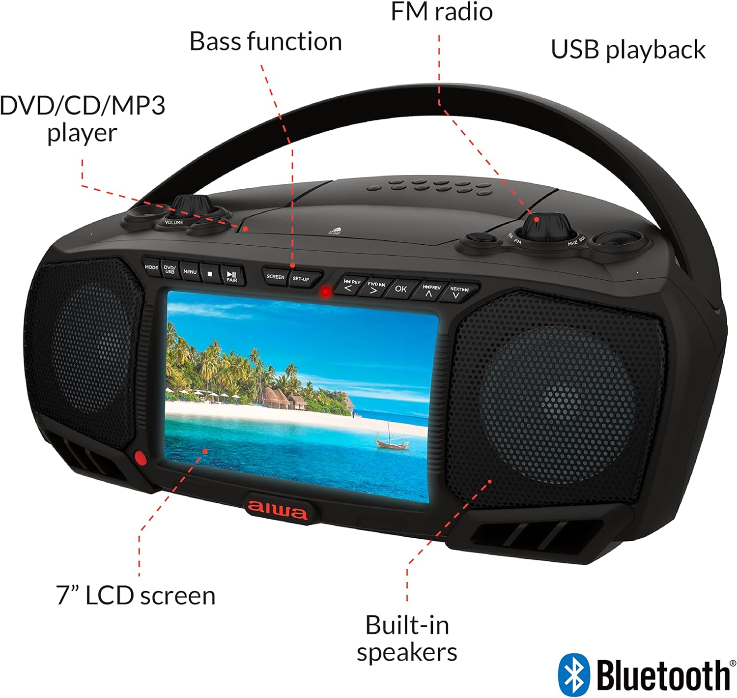 Boombox portátil, sonido cristalino con 3W x 2 altavoces y función de bajos, con una pantalla LCD