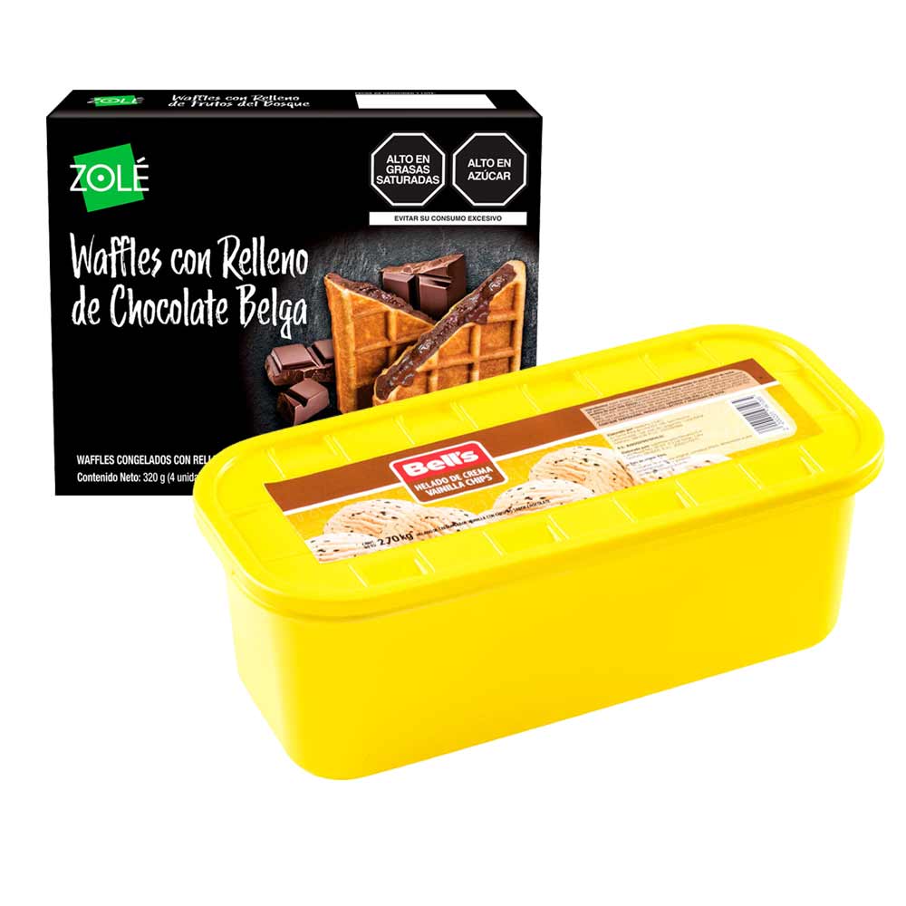 Pack Helado BELL'S Vainilla Chips Pote 2.70 Kg + Waffles ZOLE Relleno Chocolate Belga Caja 320g