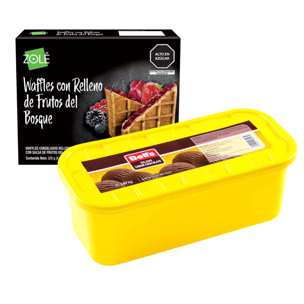 Pack Helado BELL'S Chocolate Pote 2.67Kg + Waffles ZOLE Relleno Frutos del Bosque Caja 320g