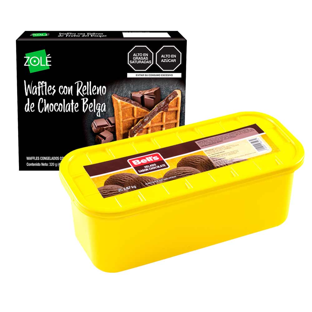 Pack Helado BELL'S Chocolate Pote 2.67Kg + Waffles ZOLE Relleno Chocolate Belga Caja 320g