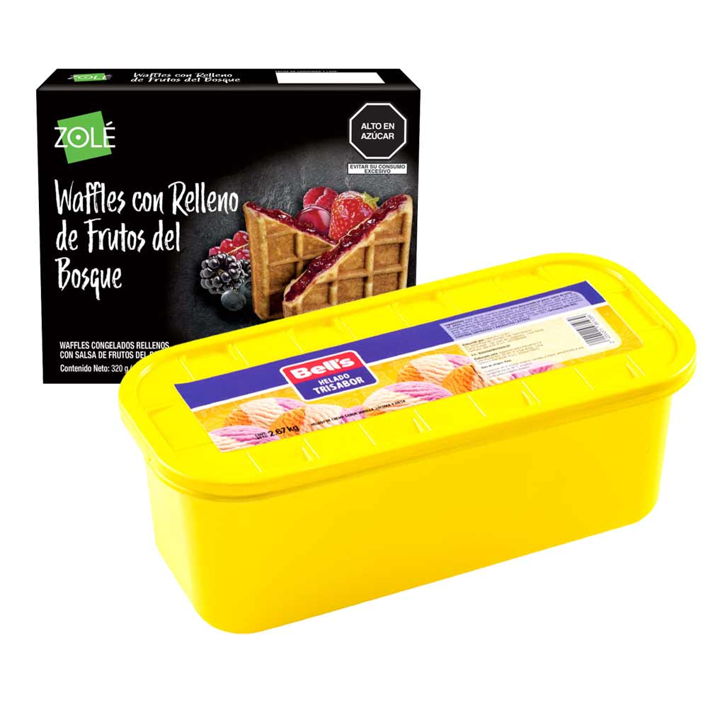 Pack Helado BELL'S Trisabor Pote 2.67Kg + Waffles ZOLE Relleno Frutos del Bosque Caja 320g