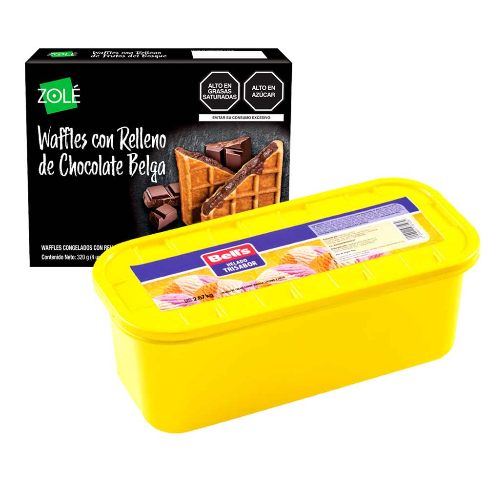 Pack Helado BELL'S Trisabor Pote 2.67Kg + Waffles ZOLE Relleno Chocolate Belga Caja 320g