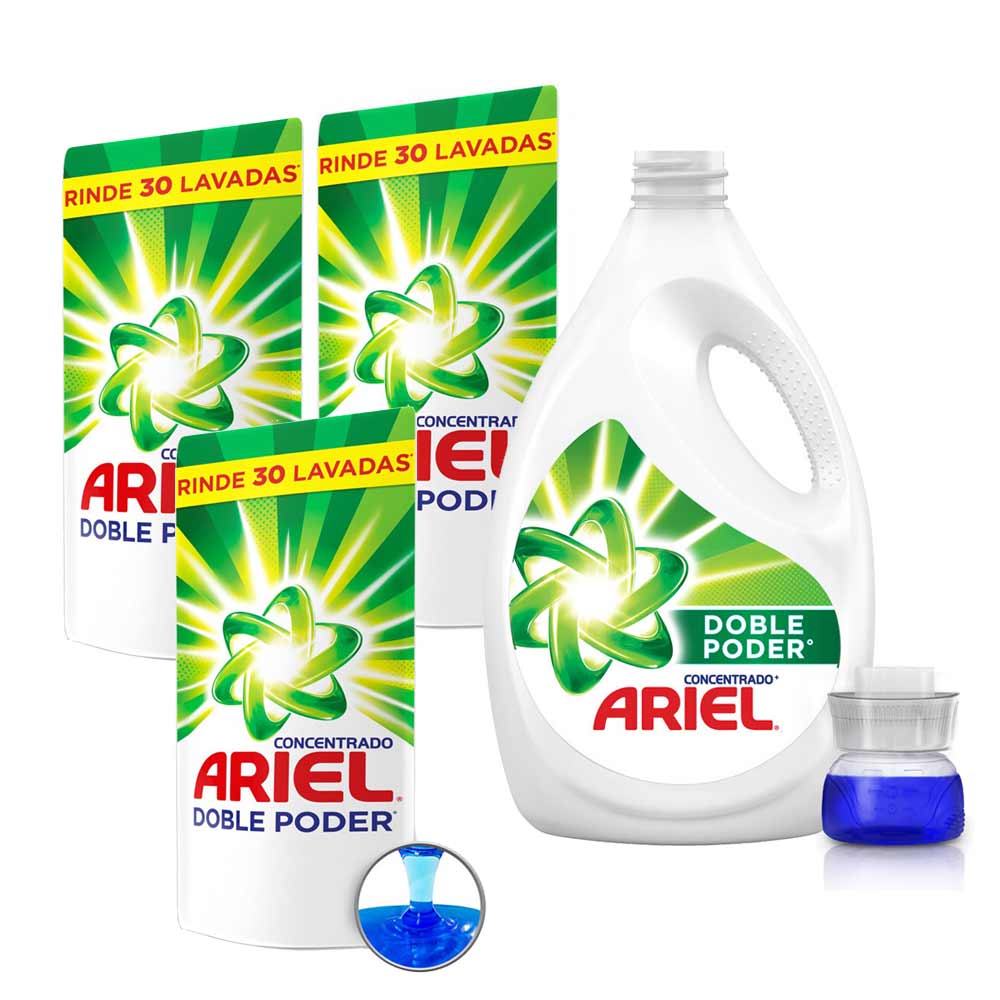 Pack Detergente Líquido ARIEL Doble Poder Doypack 1.2L x3un + Detergente líquido ARIEL Concentrado Galonera 3000ml
