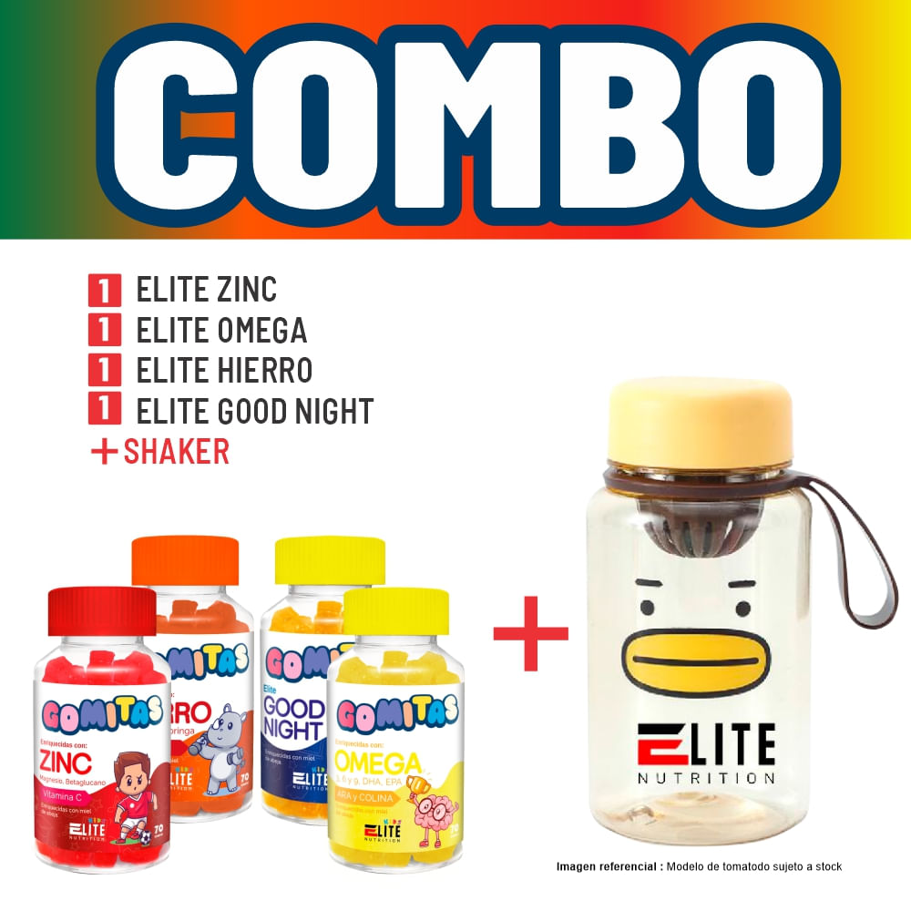 Combo Gomitas Para Niños Elite - Elite Zinc + Elite Omega + Elite Hierro + Elite Good Night + Shaker