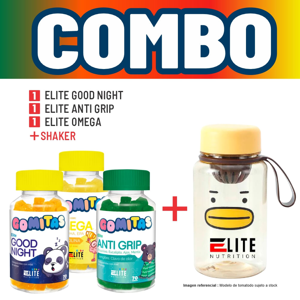 Combo Gomitas Para Niños Elite Nutrition - Elite Good Night + Elite Anti Grip + Elite Omega + Shaker