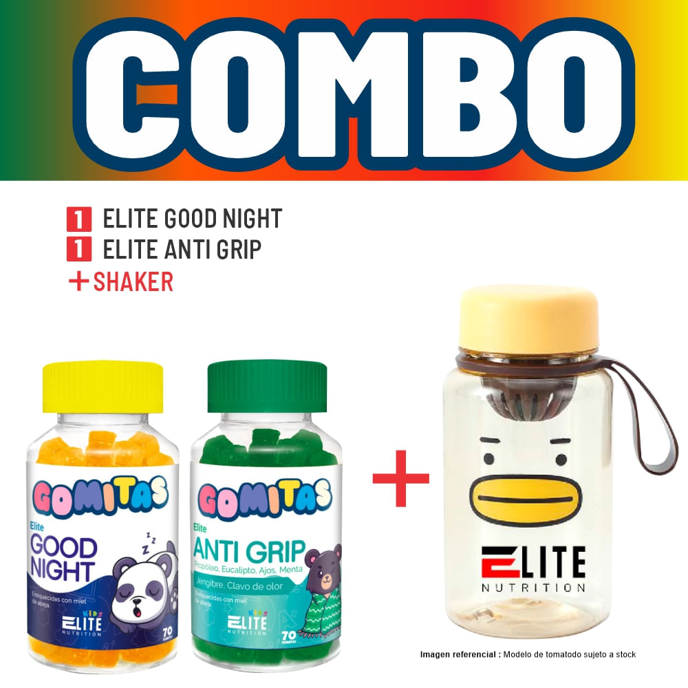 Combo Gomitas Para Niños Elite Nutrition Kids - Elite Good Night + Elite Anti Grip + Shaker