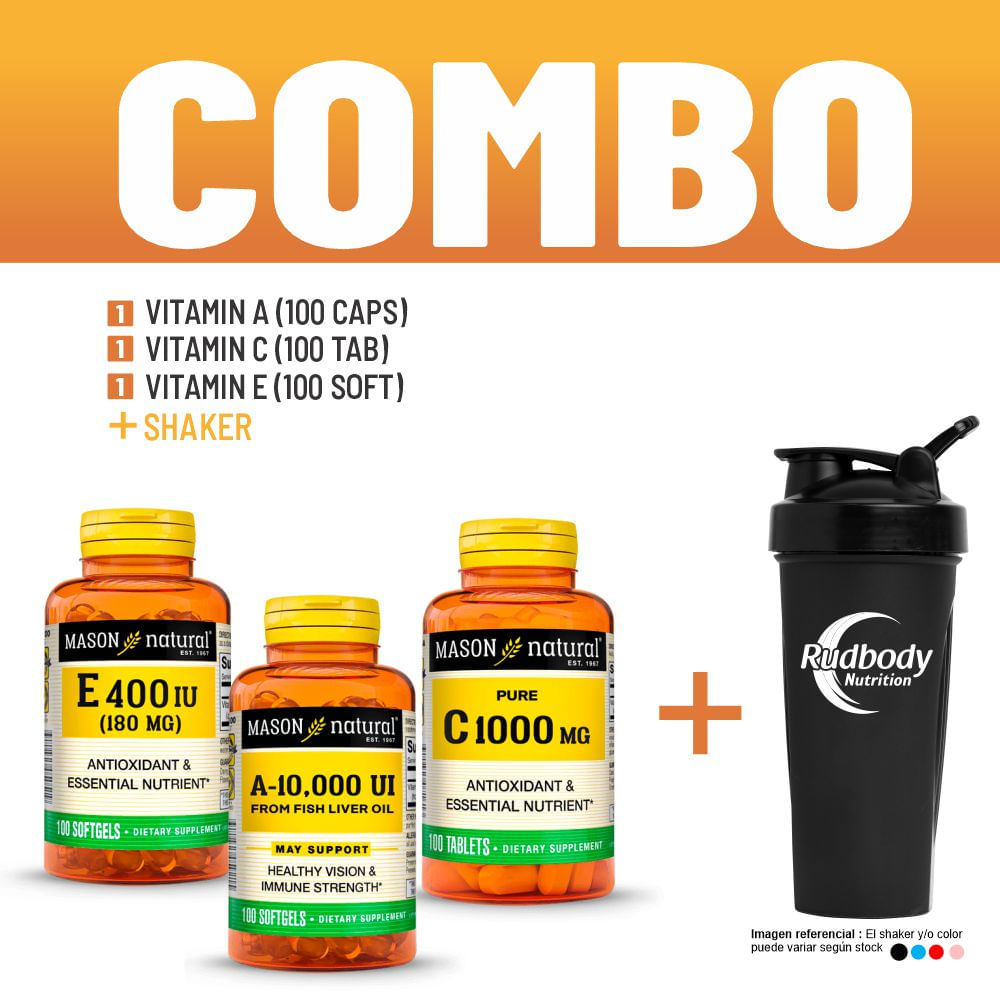 Combo Vitaminas Mason Natural- Vitamin A-10,000 Iu (100 Softg)+ Vitamin C + Vitamin E-400 Iu +Shaker