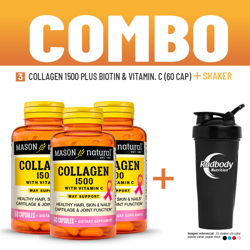 Combo Vitaminas Mason Natural - 3 Collagen 1500 Plus Biotin & Vitamin. C (60 Cap) + Shaker