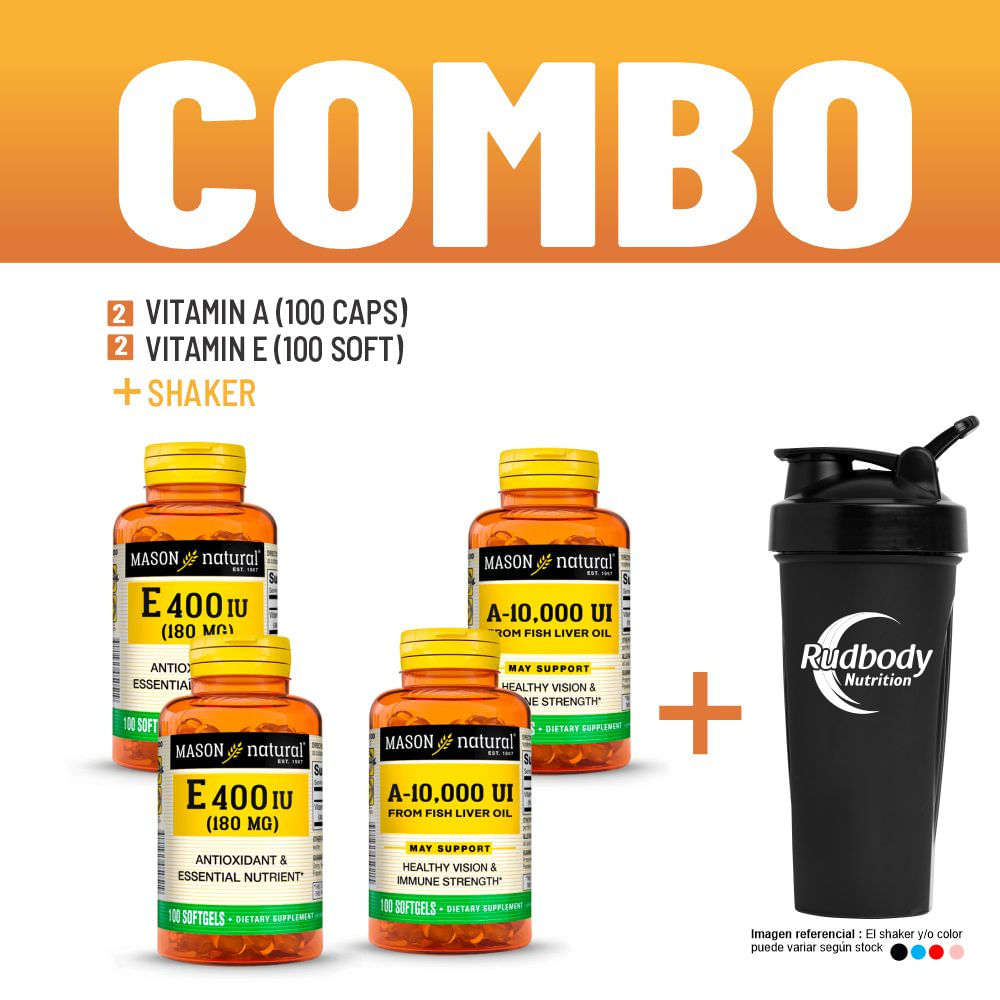 Combo Vitaminas Mason Natural - 2 Vitamin A-10,000 Iu (100 Softg) + 2 Vitamin E-400 Iu + Shaker