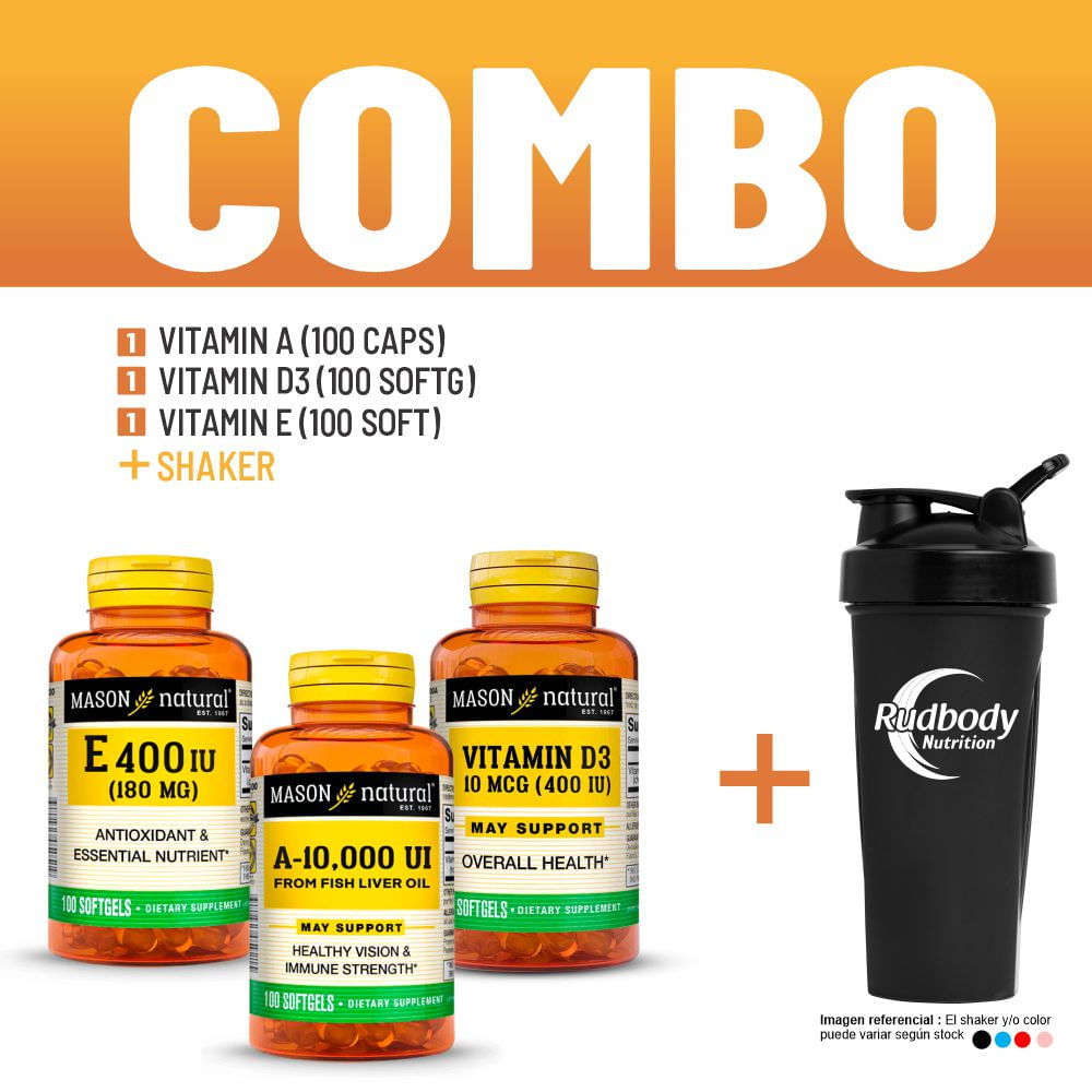 Combo Vitaminas Mason Natural - Vitamin A-10,000 Iu + Vitamin D3-400 Iu + Vitamin E-400 Iu + Shaker