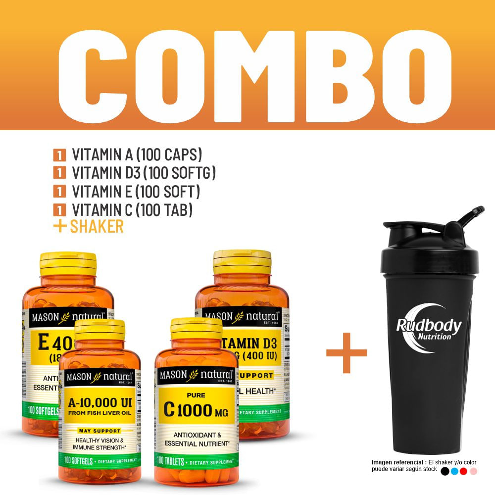 Combo Vitaminas Mason- Vitamin A-10,000 Iu + Vitamin D3-400 Iu + Vitamin E-400 Iu + Vitamin C+Shaker