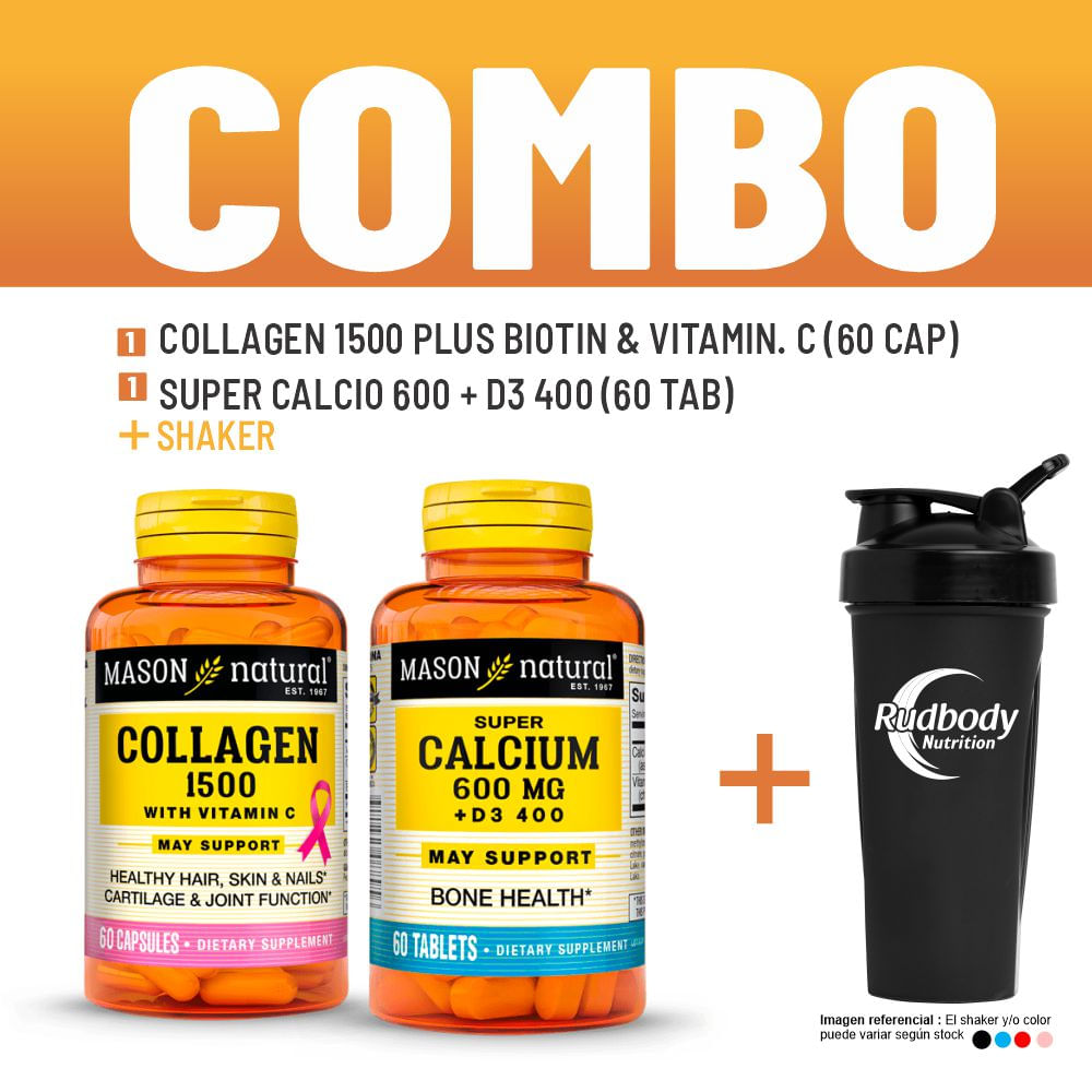 Combo Vitaminas Mason - Collagen 1500 Plus Biotin & Vitamin. C + Super Calcio 600+D3-400 + Shaker