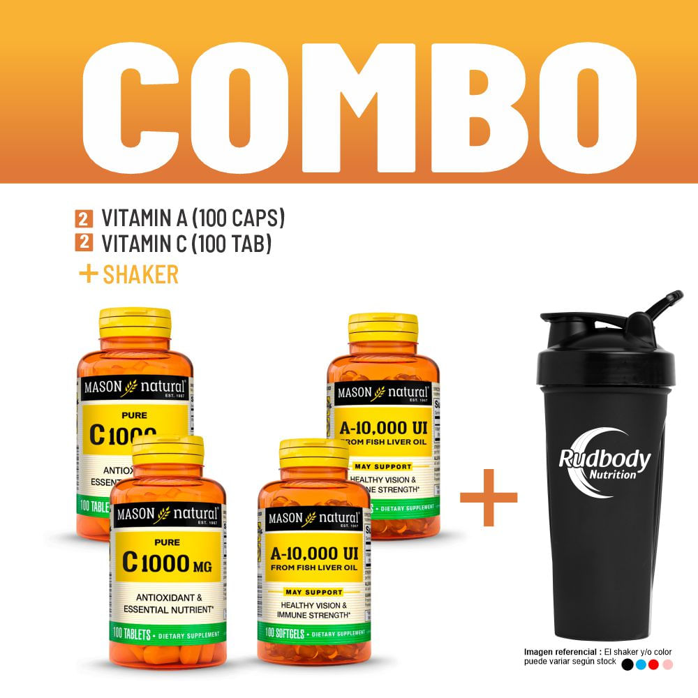 Combo Vitaminas Mason Natural - 2 Vitamin A-10,000 Iu (100 Softg) + 2 Vitamin C (100 Tab) + Shaker