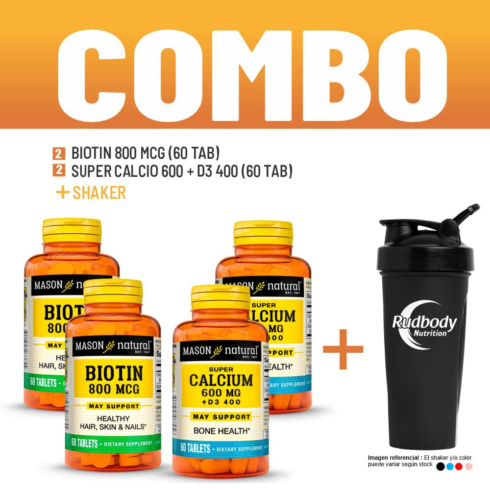 Combo Vitaminas Mason Natural- 2 Biotin 800 Mcg (60 Tab)+ 2 Super Calcio 600+D3-400 (60 Tab) +Shaker