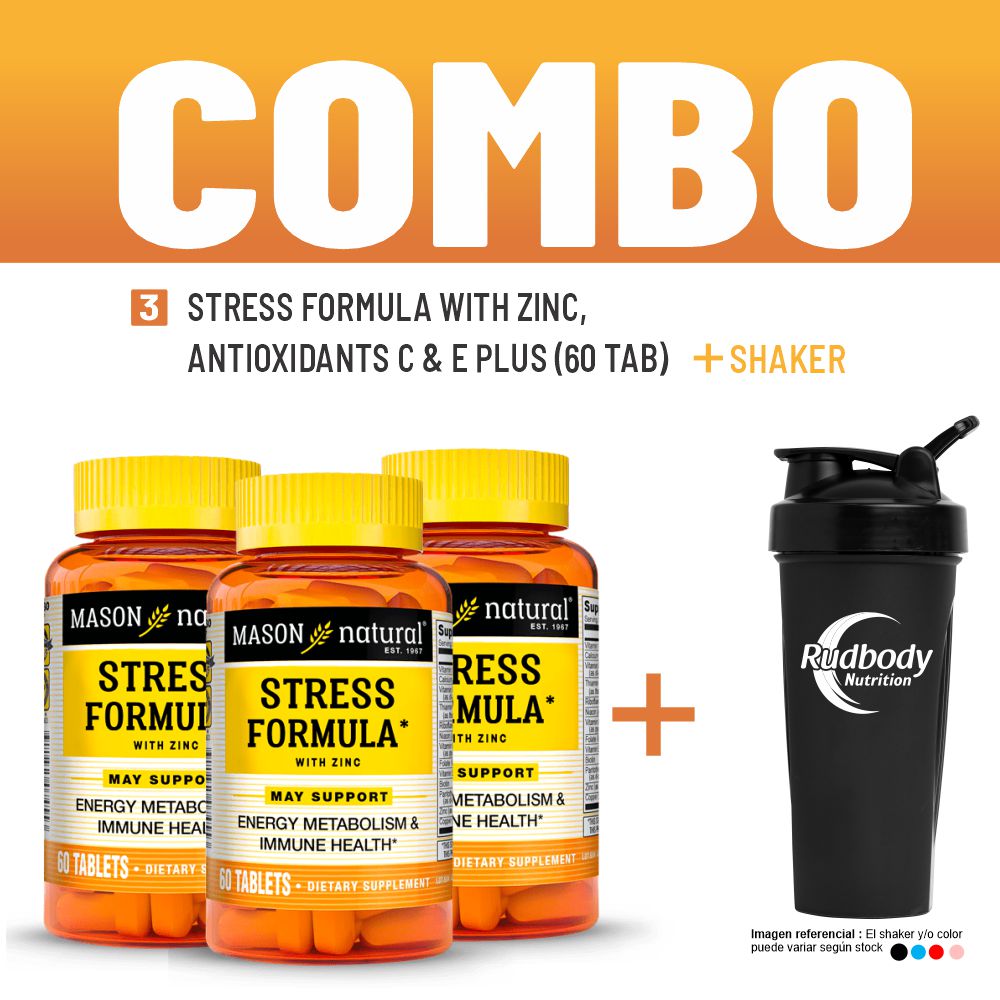 Combo Vitaminas Mason Natural - 3 Stress Formula With Zinc, Antioxidants C & E Plus (60 Tab) +Shaker