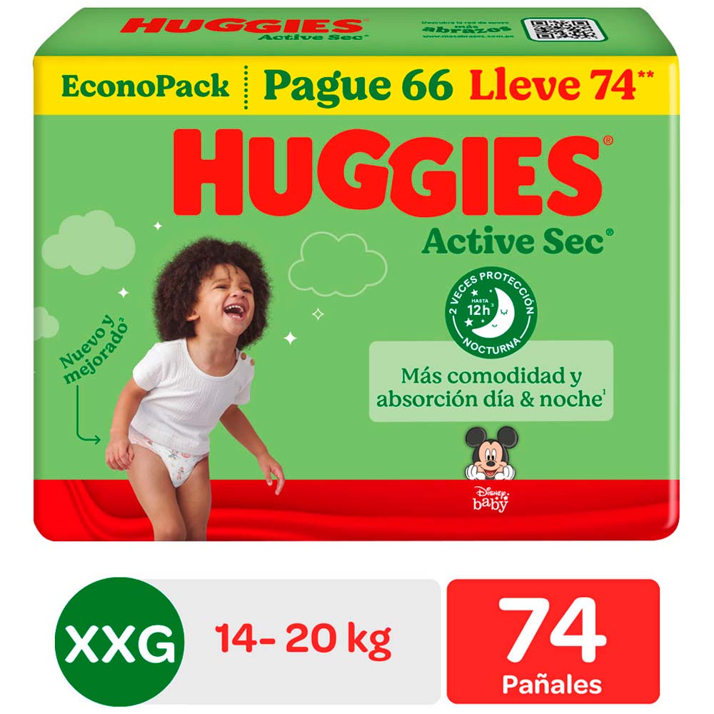 Pañales para Bebé HUGGIES Active Sec XXG Paquete 74un