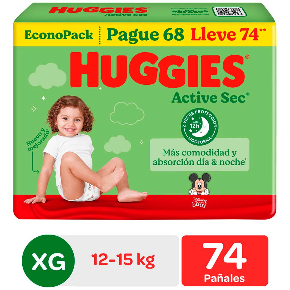 Pañales para Bebé HUGGIES Active Sec XG Paquete 74un