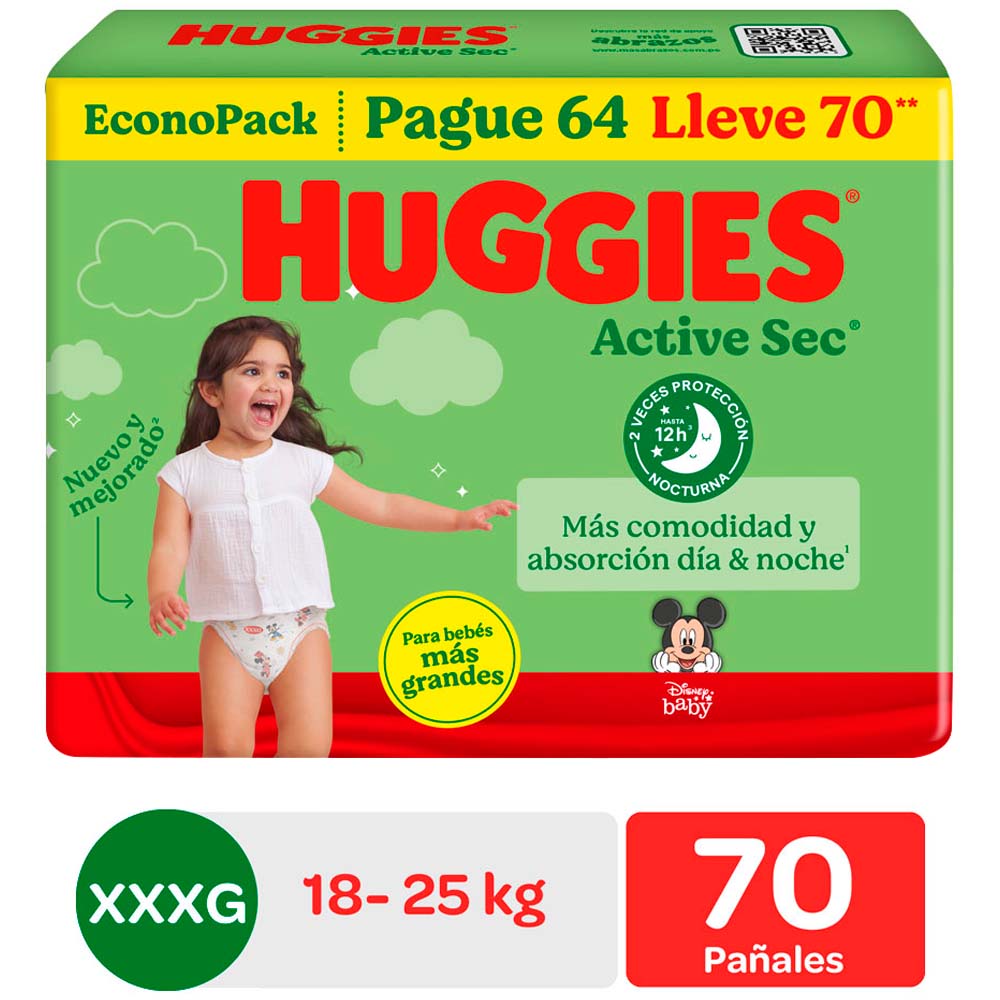Pañales para Bebé HUGGIES Active Sec XXXG Paquete 70un