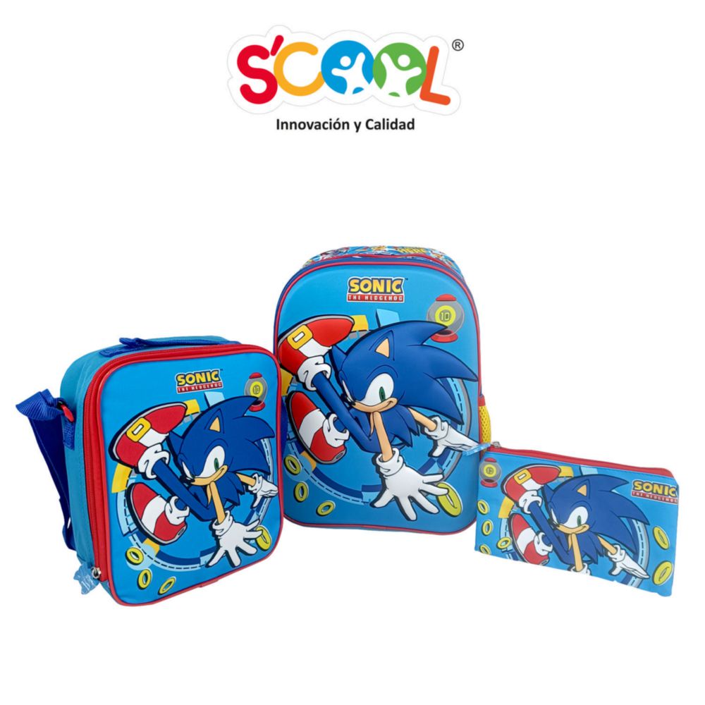 Set Escolar Mochila + Lonchera + Cartuchera Ranger Eva 3D A4 Sonic