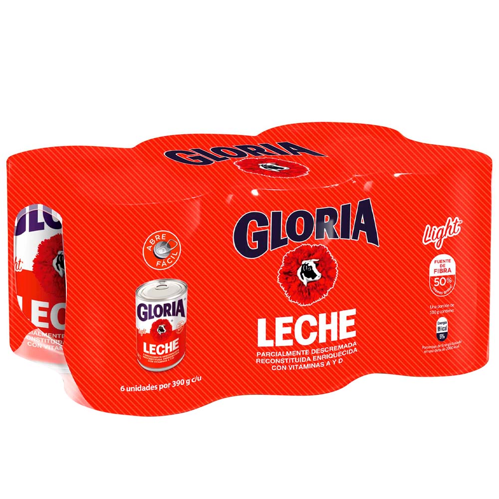 Leche Light GLORIA Lata 390g Paquete 6un