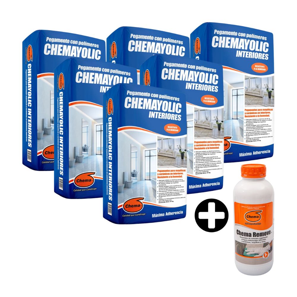 COMBO Chema: 6 Pegamento Chemayolic para interiores 25 kg + 1 Remove 1 litro