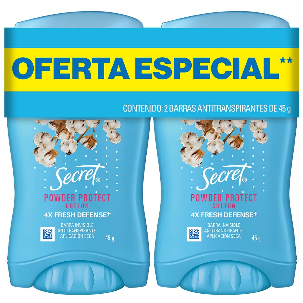 Desodorante para mujer en Barra SECRET Powder Protect Cotton 45g Pack 2un