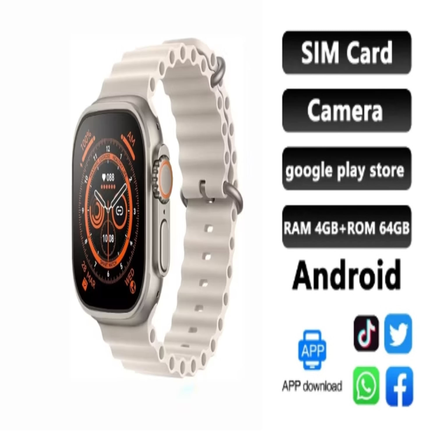 Smartwatch Ultra S9 con android 64GB Play Store y doble Cámara Beige