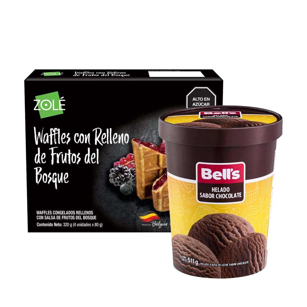 Pack Helado BELL'S Chocolate Pote 511g + Waffles ZOLE Relleno Frutos del Bosque Caja 320g