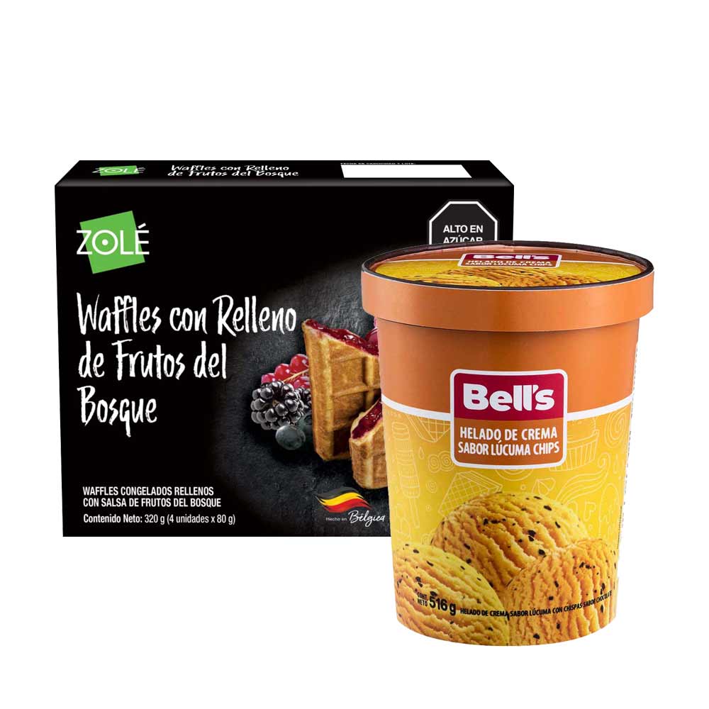 Pack Helado BELL'S Lúcuma Chips Pote 516g + Waffles ZOLE Relleno Frutos del Bosque Caja 320g