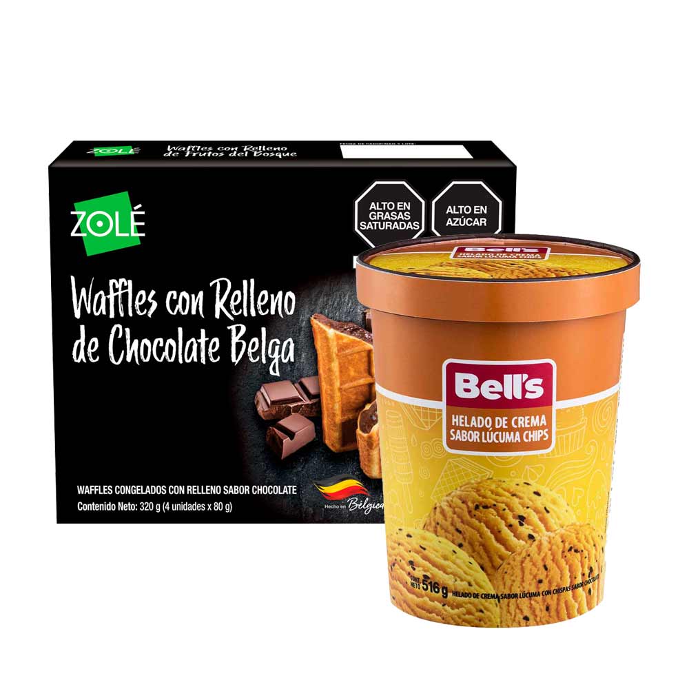 Pack Helado BELL'S Lúcuma Chips Pote 516g + Waffles ZOLE Relleno Chocolate Belga Caja 320g